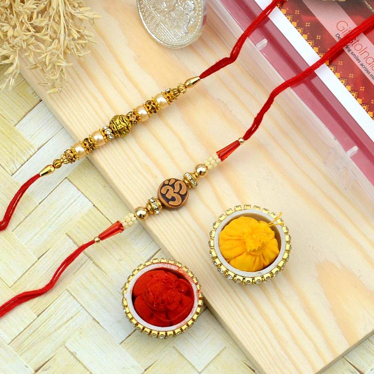 Wooden Om and Pearl Beads Rakhi Set