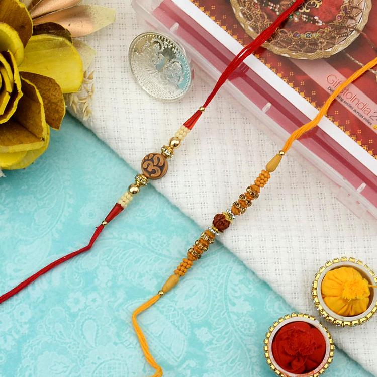 Wooden Om and Rudraksh Rakhi Combo