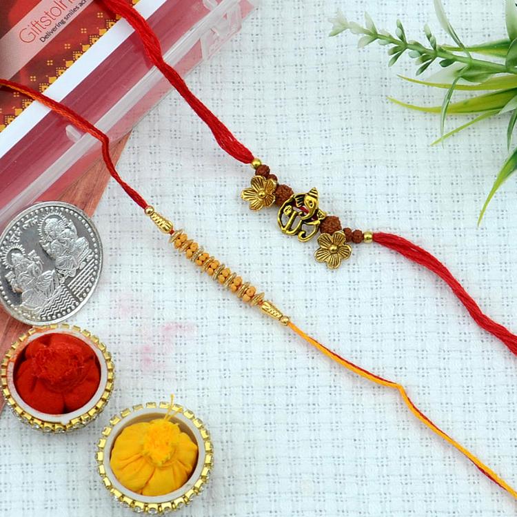 Beads and Ganesha in Rudraksh Rakhi Set