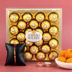 Rakhi, Ferrero & Ladoo Hamper Rakhi, Ferrero & Ladoo Hamper