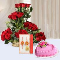 Roses, Rakhi, Lumba & Heart Cake