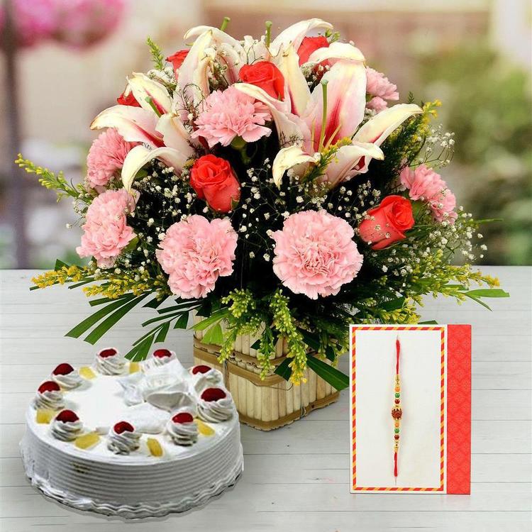 Lily, Carnation Bouquet & Cake