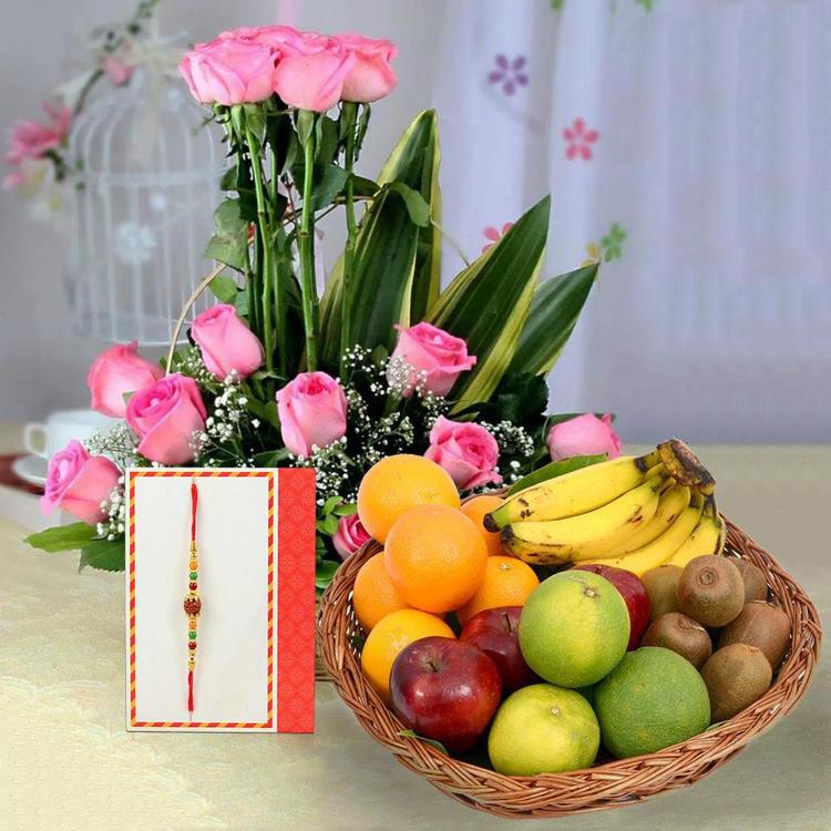 Fruit Basket, Rose & Rudraksh Rakhi