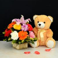 Neat Flower Basket with Teddy