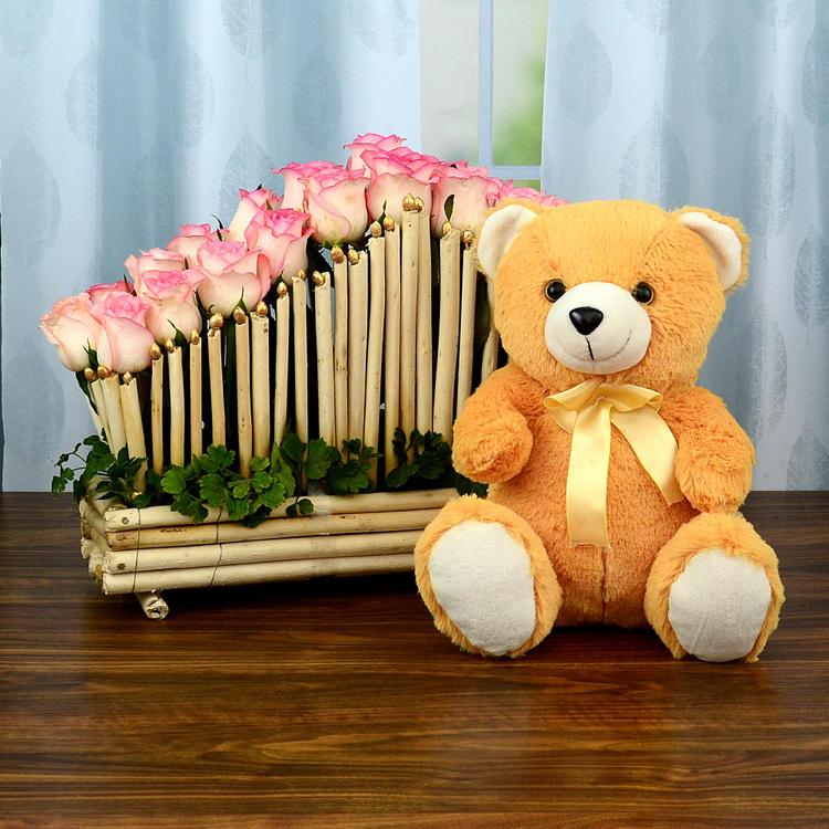 Decorated Rose Basket & Teddy