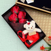 Box With Rose Bouquet & Teddy