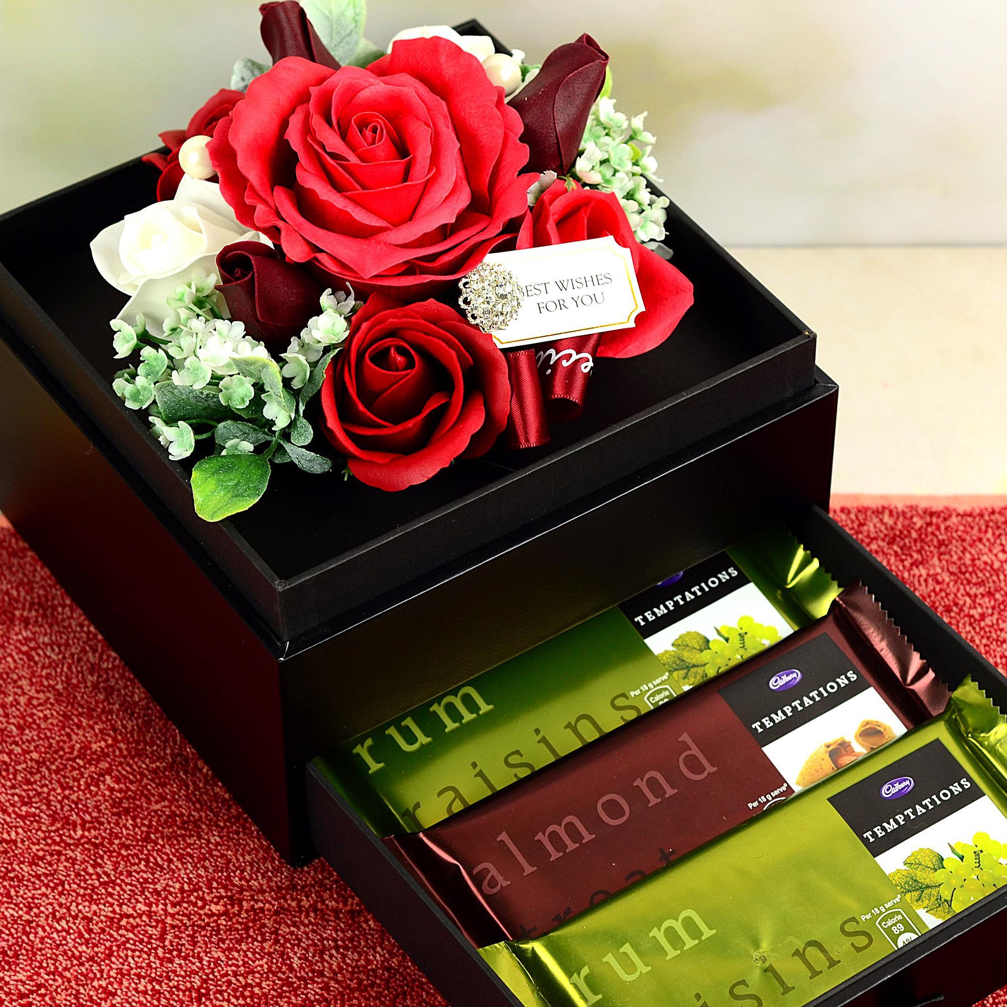 Artificial Flower Box & Chocolates Gift Baskets
