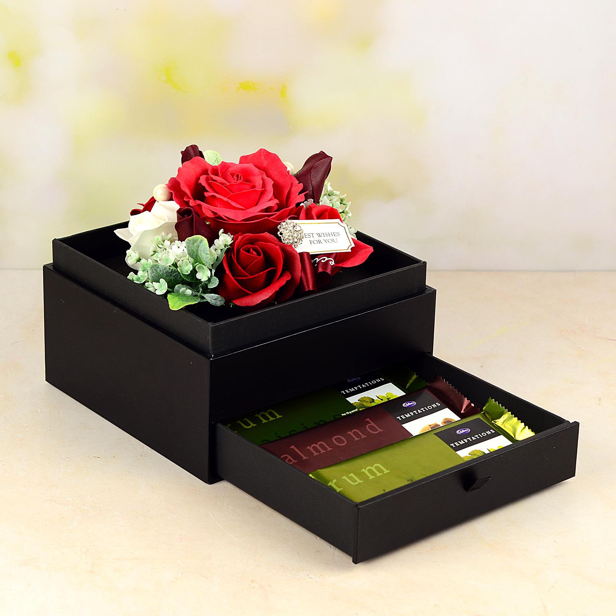 Artificial Flower Box & Chocolates Gift Baskets