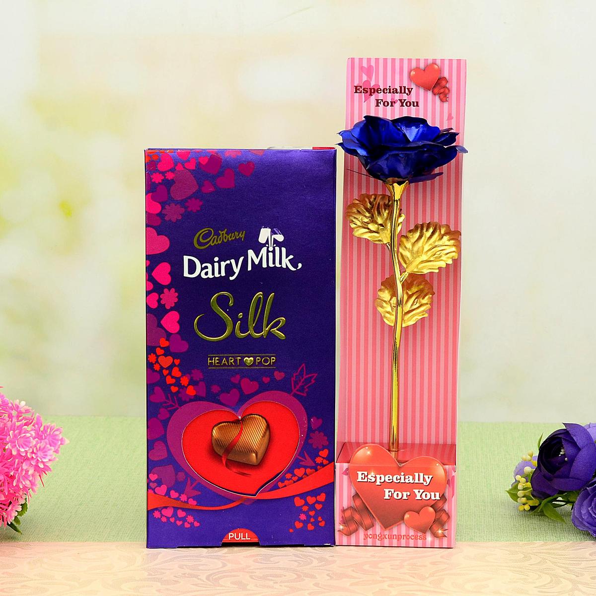 Custom Dairy Milk Heart Pop & Blue Rose Valentine Day
