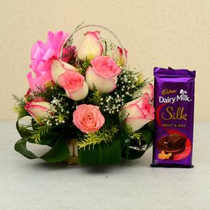 Rose Basket With Dairy Milk Rose Basket With Dairy Milk