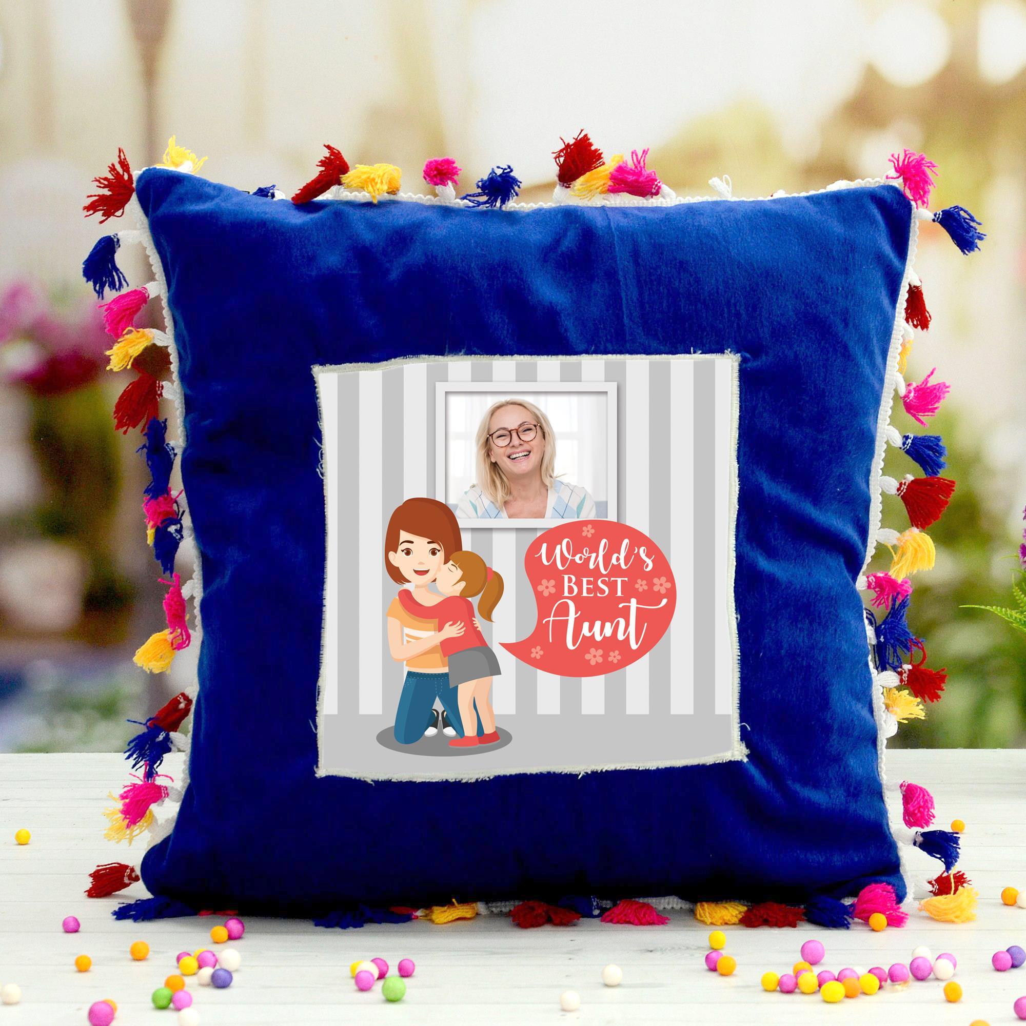 Custom Blue Pom Pom Pillow for Aunt, Personalized Pillows