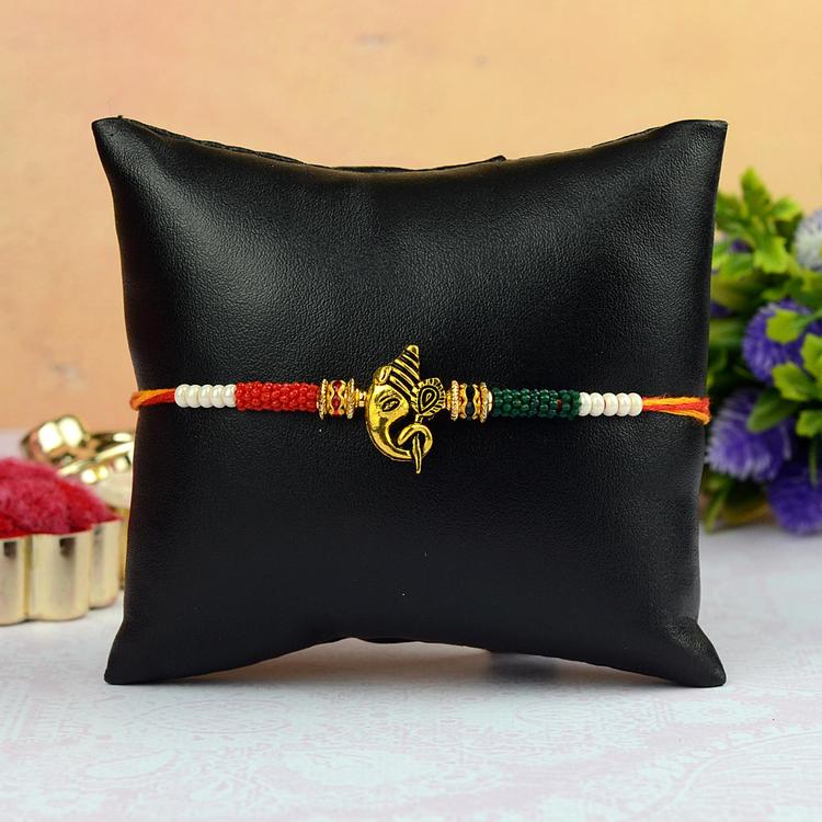 Celestial Red Green Mini Beads Ganesh Rakhi