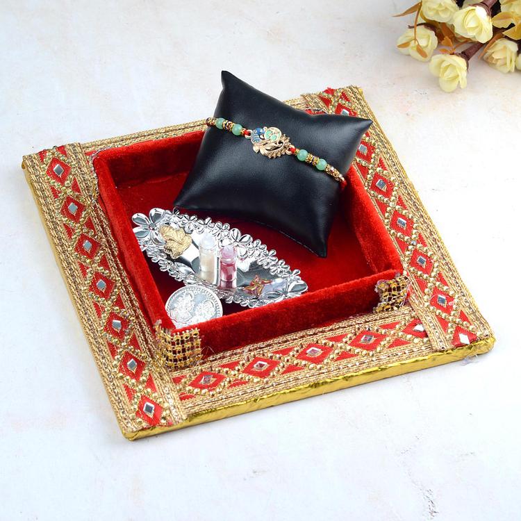 Red Thali with Peacock Rakhi