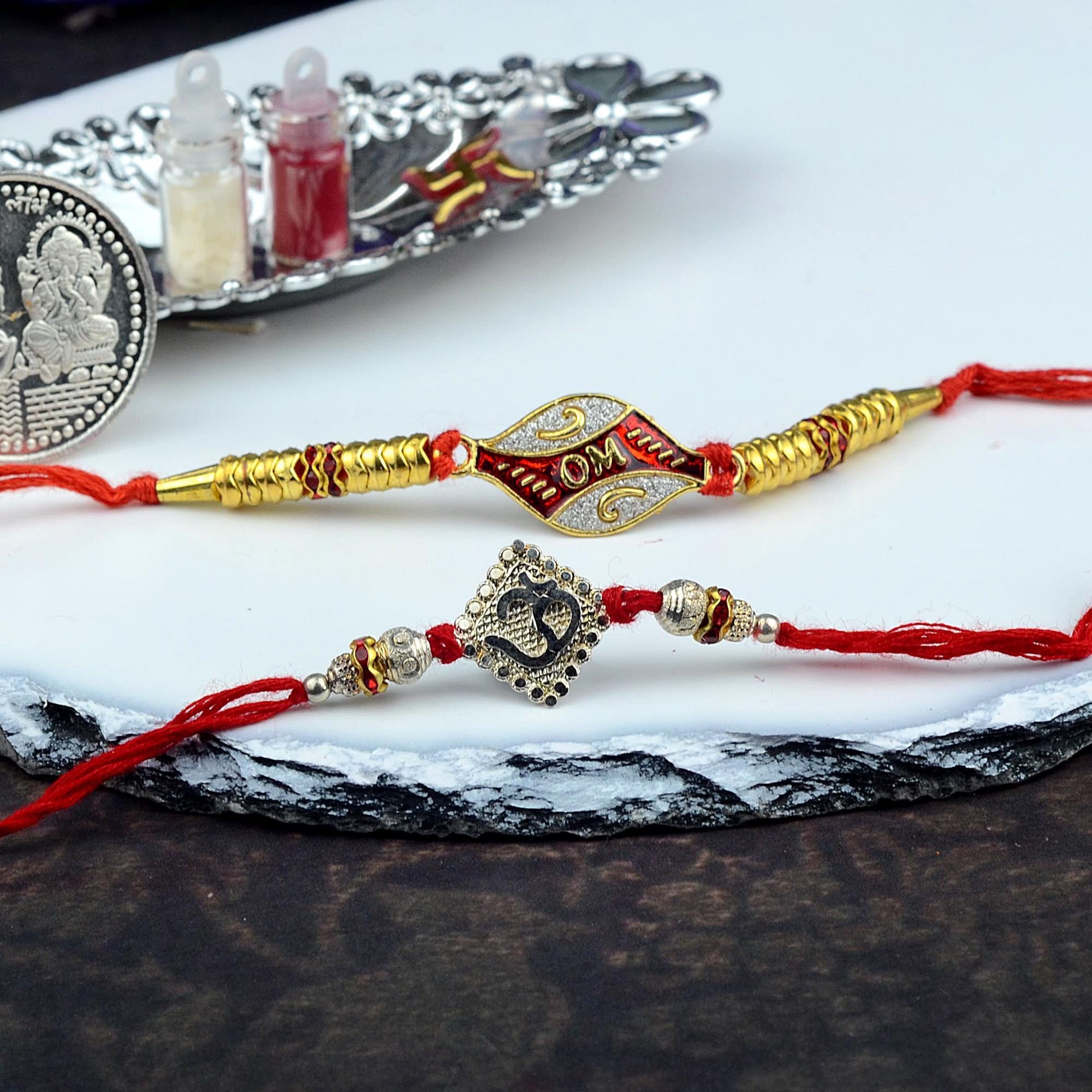 Classic Sliver Red Om Rakhi Set Rakhi Sets