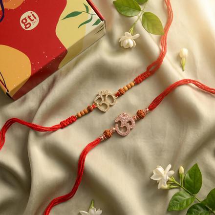 Metal Om with stones Rakhi Set