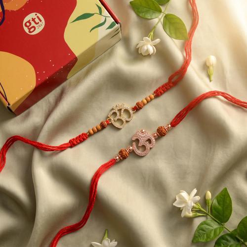 Metal Om with stones Rakhi Set