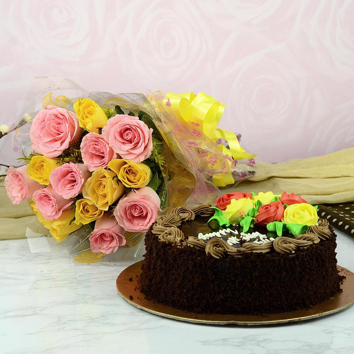 Bday Choco Cake & Flowers, Flower Hampers on Birthdays