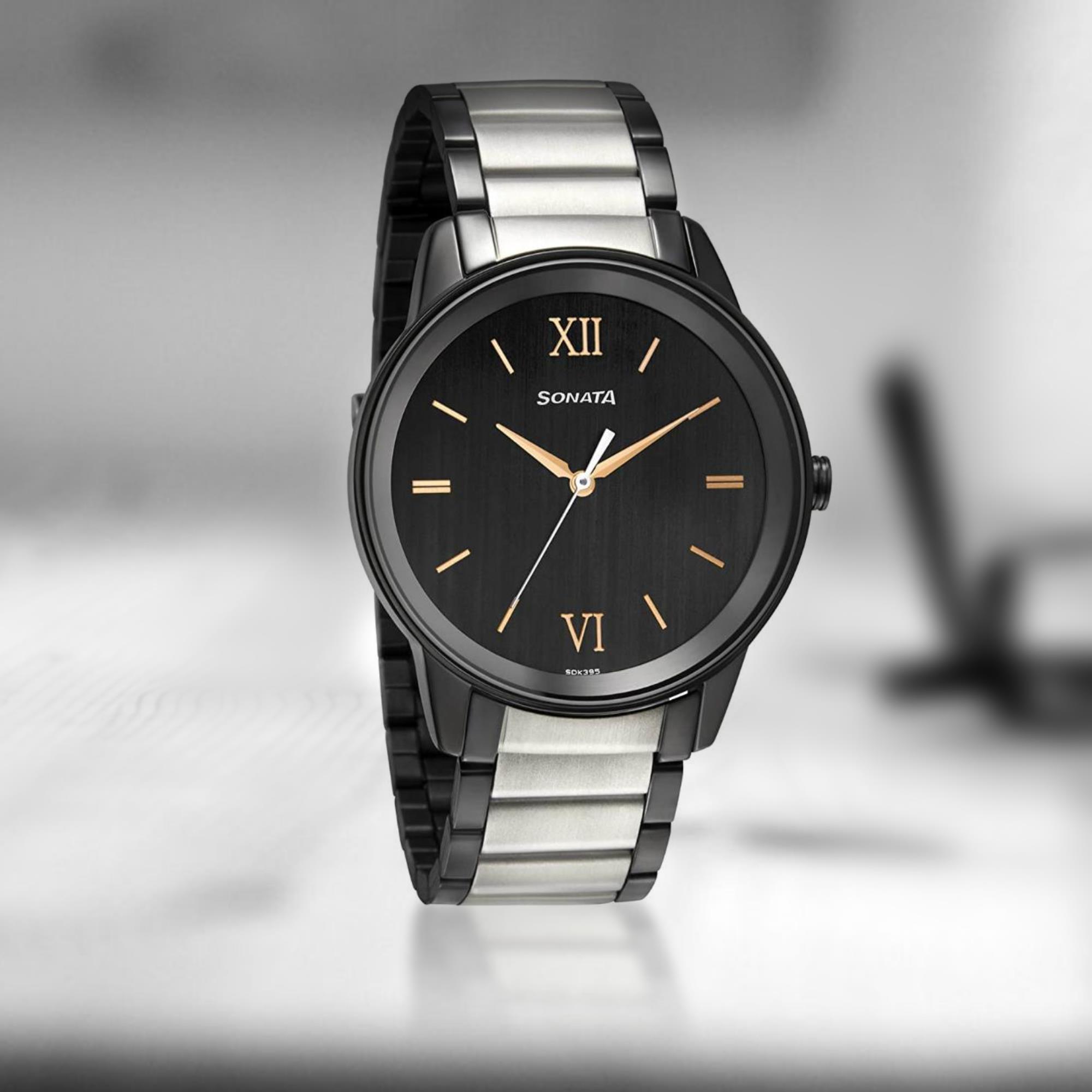 Sonata watch black online chain