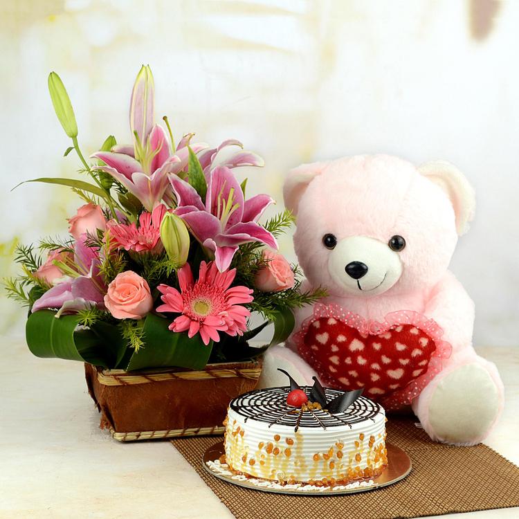 Flower Basket, Cake & Teddy 