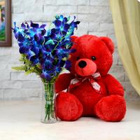 Blue Orchids & Red Teddy Hamper