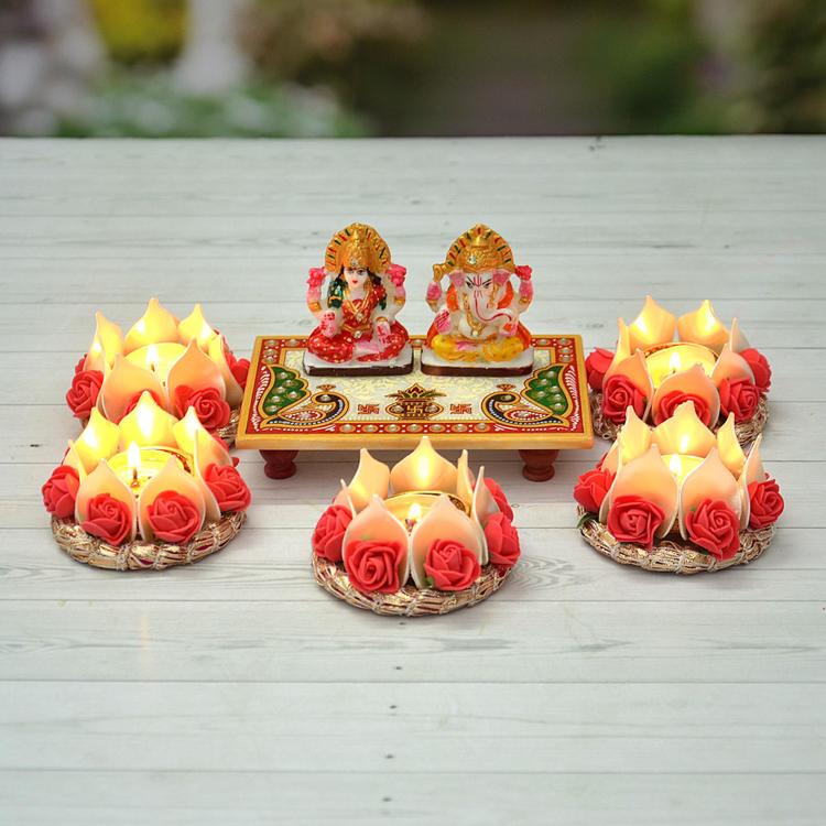 Marble Laxmi Ganesh & Lotus Diyas Set
