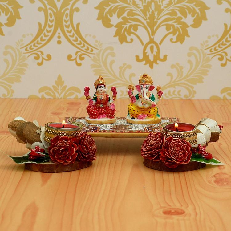 Marble Laxmi Ganesh & Red Roses Set