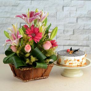 Mixed Flower Bouquet & Cake Mixed Flower Bouquet & Cake