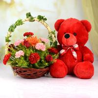 Red Teddy & Basket of Flowers