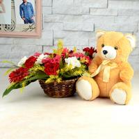 Brown Teddy & Flowers Combo