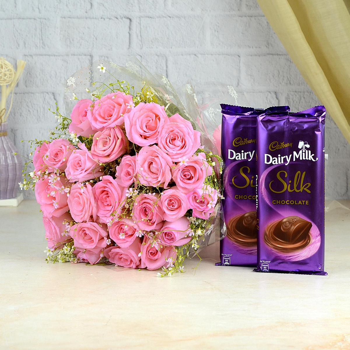 Pink Roses & Dairy Milk Flowers to Mohali