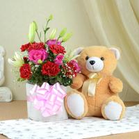 Mixed Flowers with Fluffy Teddy