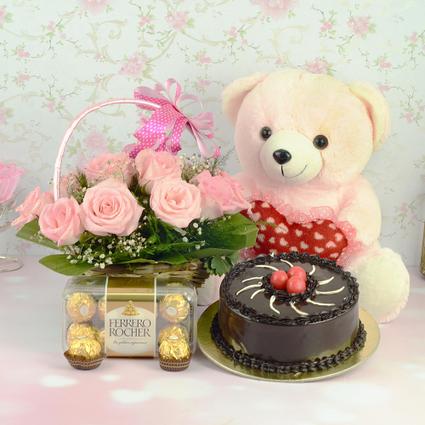 Love Isle: Rose Bouquet, Ferrero Rocher, Teddy, and Black Forest Cake