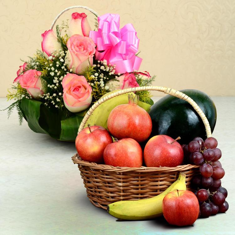 Pink Roses & Fruit Basket