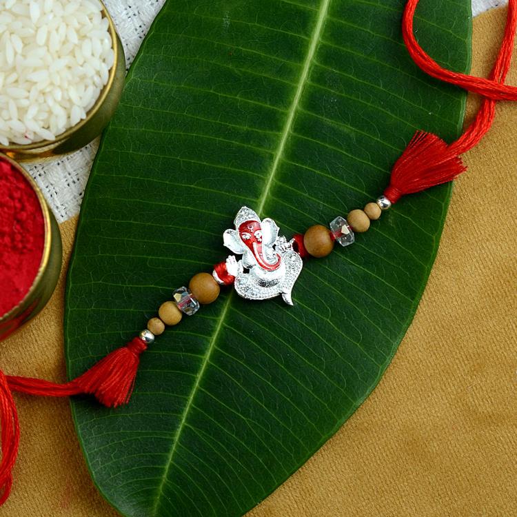 Pure Silver Red Ganesh Rakhi SR21