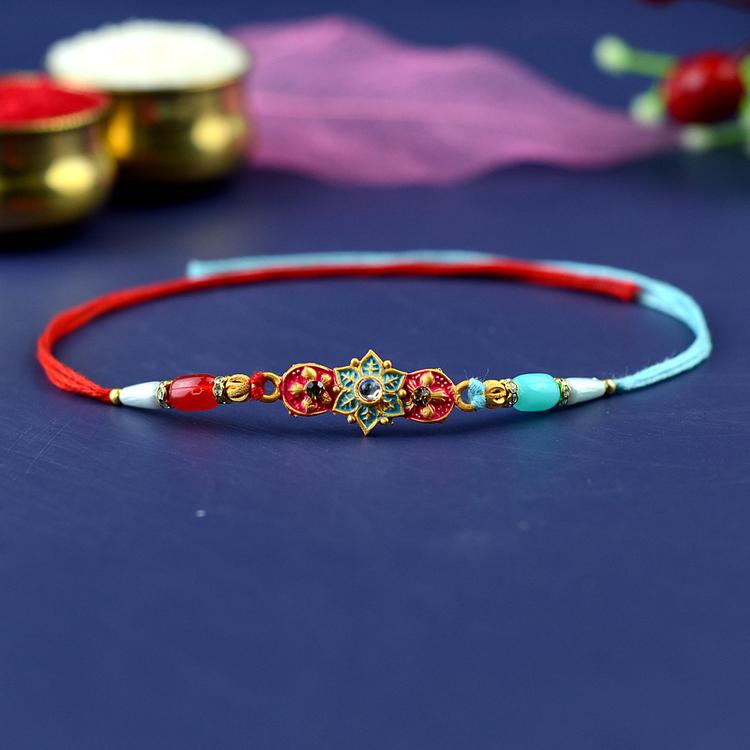 Red and Cyan Flower Rakhi