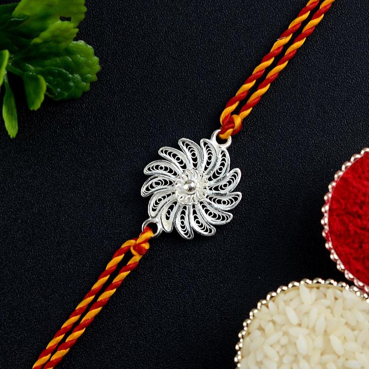 Pure Silver Filigree Flower Rakhi