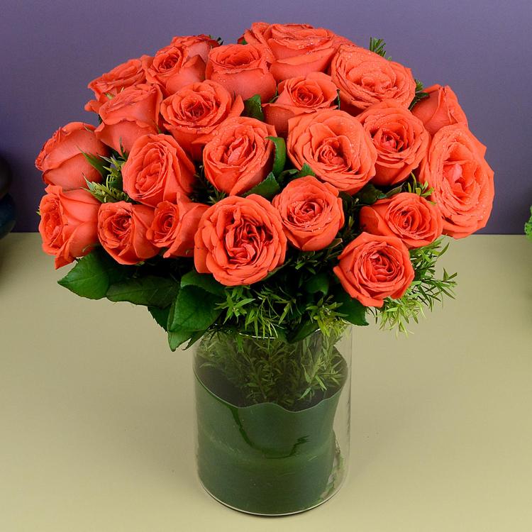 Blooming Orange Roses in Vase