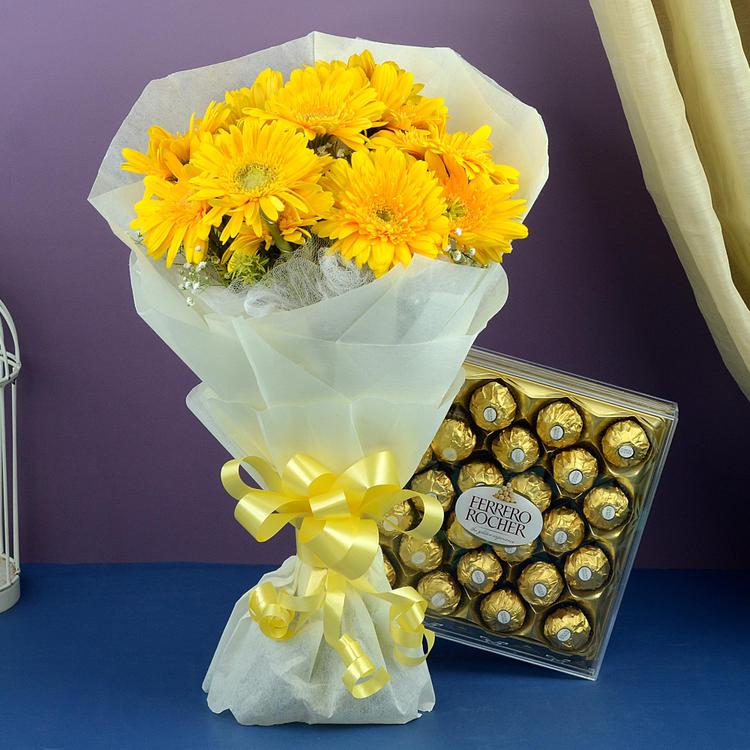 Yellow Gerberas & Rocher Combo
