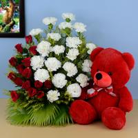 Red & White Bouquet with Teddy