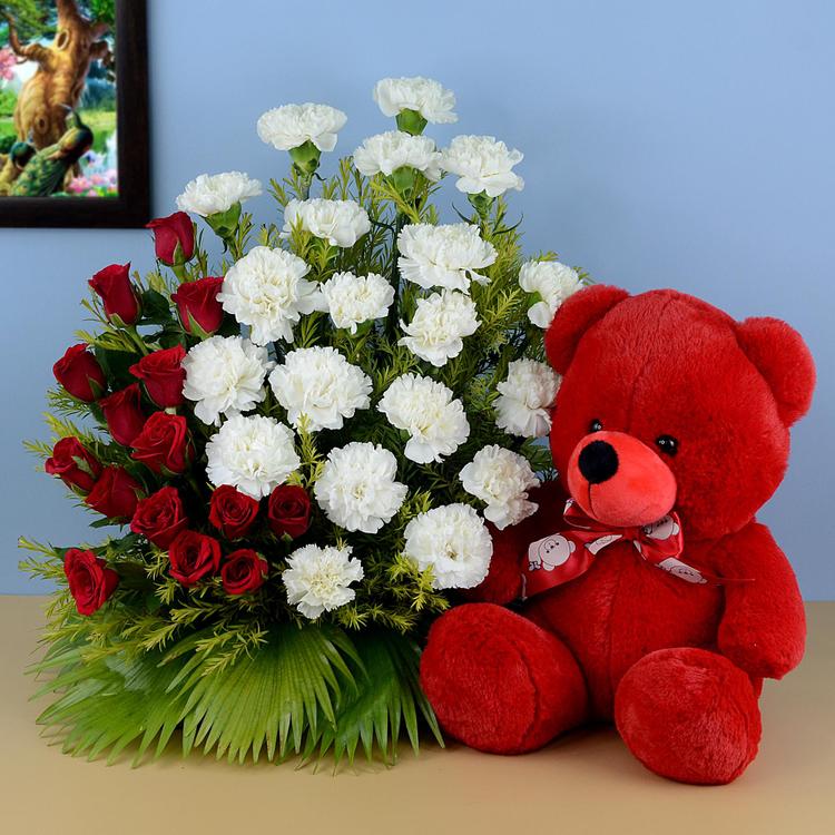Red & White Bouquet with Teddy