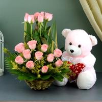 Flirty Pink Roses with Teddy
