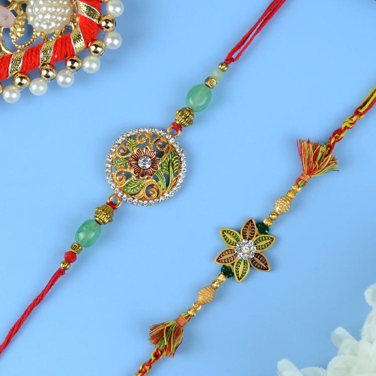 Gold n Green Motif Rakhi Set