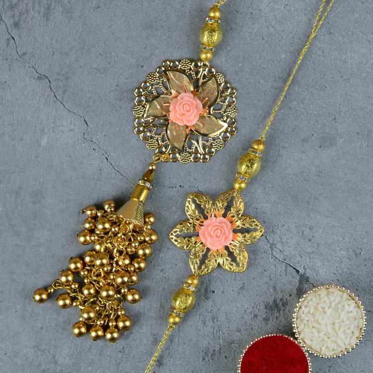 Rose Lumba Rakhi Golden Set