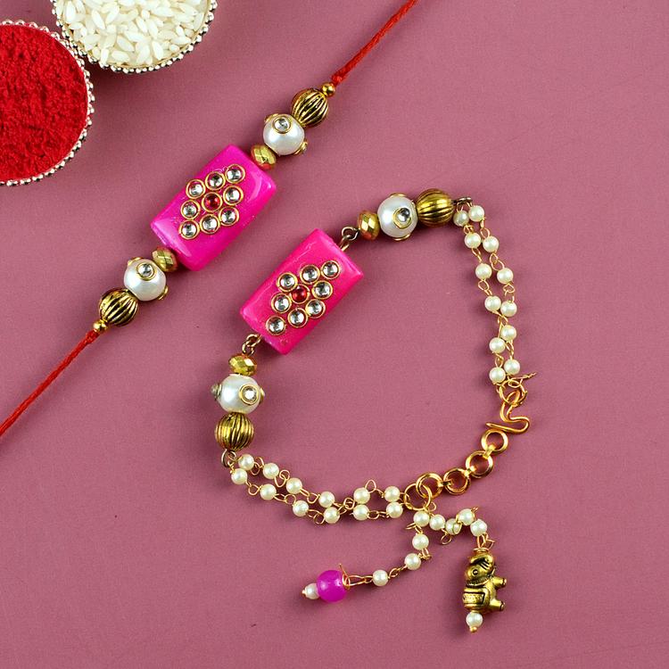 Pink Rectangle Lumba Rakhi Set SS399