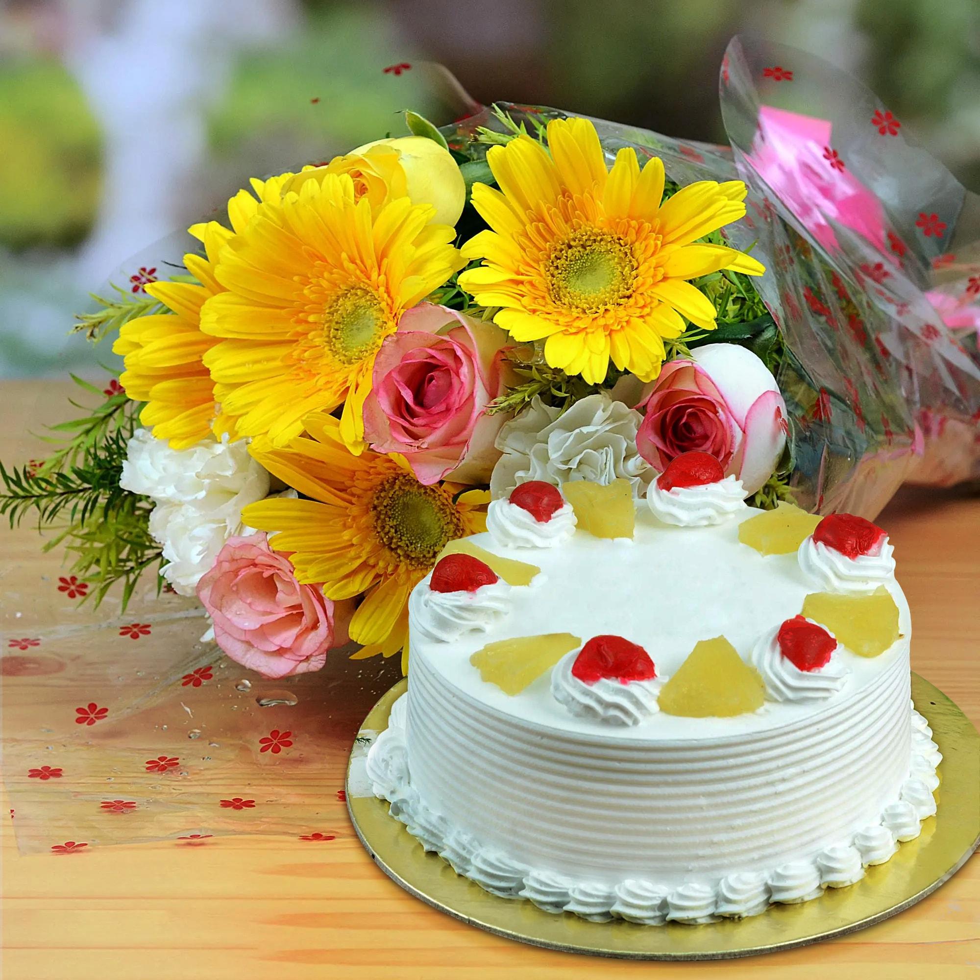 Assorted Flowers with Cake Combo Flowers, Cakes