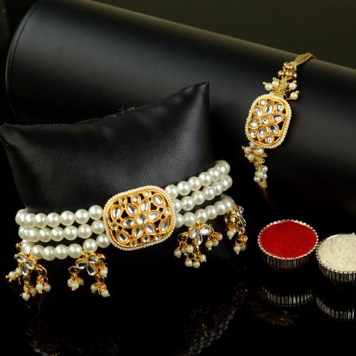 White n Gold Rakhi Lumba Pair 