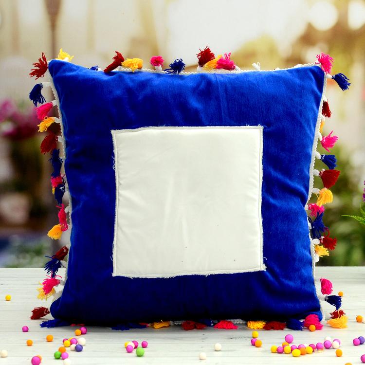 Dark Blue Pom Pom Pillow