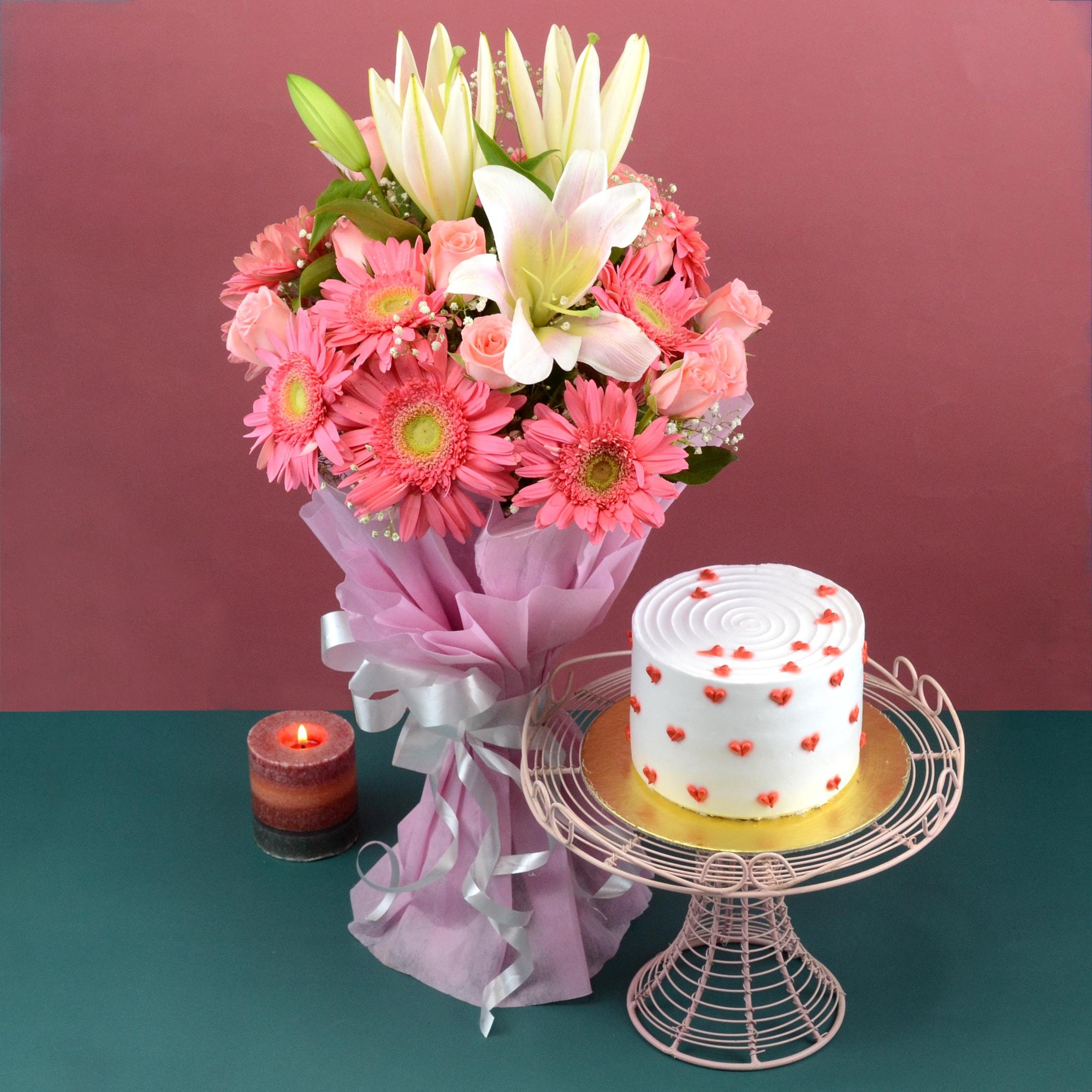 Vanilla Cake with Pink Floral Bouquet | Flowers, Cakes