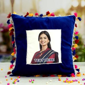 Personalized Blue Pompom Pillow