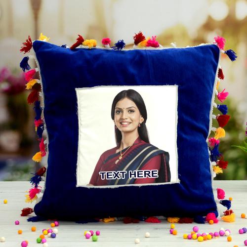 Personalized Blue Pompom Pillow